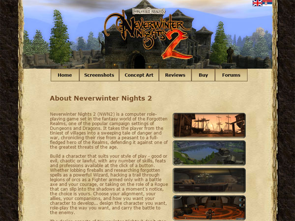 Neverwinter Nights 2 website, HTML+CSS version